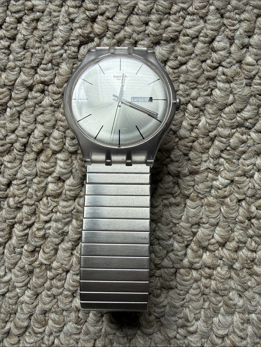 Swatch Silver Men's Day-Date Stainless Steel Bracelet Watch